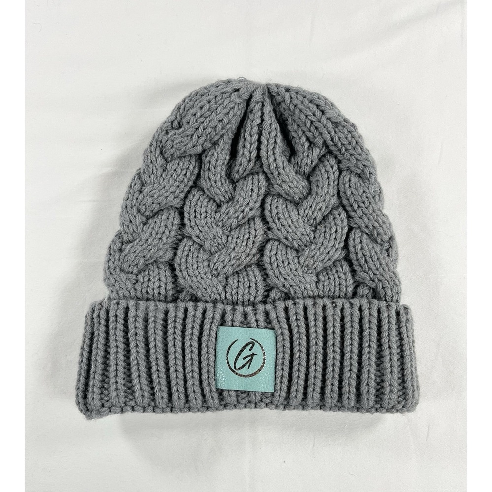 Chunky Cable Knit Beanie Hat Gray Thick Warm Winter Cuffed Cap Aqua G Logo Patch
